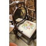 An 18th century oak dining chair (cut down) and a mahogany skeleton framed toilet mirror (2)