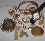 Mixed jewellery including gold hinged bangle, wrist watch etc.