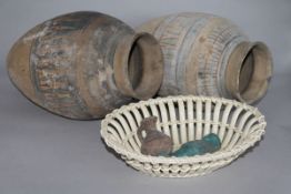 A creamware basket weave dish and a pedestal dish and 2 Egyptian style pots etc