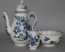A Worcester Fence pattern coffee pot and cover, restored and a Caughley Three Flowers bowl and a