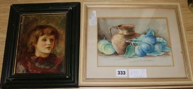 Victorian School, oil on panel, Sketch of a child, 16 x 22cm and a pair of watercolour still lifes