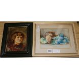 Victorian School, oil on panel, Sketch of a child, 16 x 22cm and a pair of watercolour still lifes