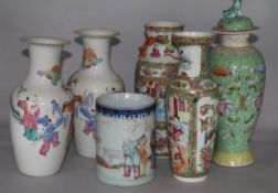 A Famille Rose vase, 4 others and a mug