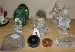 Two Stourbridge green glass air bubble dumps, three paperweights and a collection of glass and