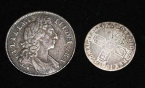 A William III silver half crown 1700? and a shilling 1696
