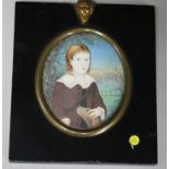 English School, oil on ivory, miniature of a youth with a dog, 8.5 x 7cm