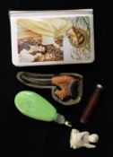 A small meerschaum pipe, scent bottle etc