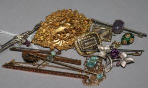 A miniature enamel egg, 2 mourning brooches, a ruby bar brooch, other bar brooches and a pair of