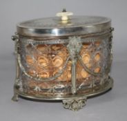 An Edwardian oval plated marble hobnail cut glass biscuit box and cover