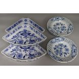 A set of four Meissen blue and white dessert dishes and three hors d'oeuvres fan shaped supper