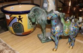 A Chinese cloisonne model of a horse, a patinated bronze Tang style horse and a modern Chinese