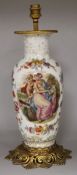 A floral painted ovoid shaped porcelain table lamp, with pierced ormolu plinth