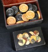 A Russian lacquer box painted with figures in a troika and a hardstone inlaid paperweight (2)