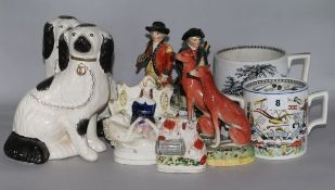 A pair of Staffordshire black and white King Charles Spaniels and sundry Staffordshire dogs and