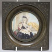 Continental School, oil on ivory, miniature of a mother and children, 9cm
