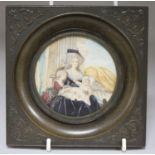 Continental School, oil on ivory, miniature of a mother and children, 9cm