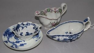 A Worcester Mansfield pattern butter boat, a Vauxhall saucer, a Liverpool sauceboat and a New Hall