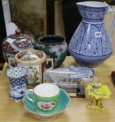 A Chinese cloisonne lidded vase, a Cantonese bowl, a Victorian blue and white toilet jug and a glass