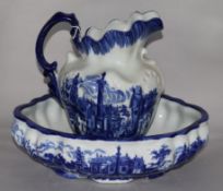 A Victorian blue and white jug and basin