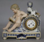 A late 19th century Meissen eight day mantel clock, surmounted by a cherub and objects emblematic of