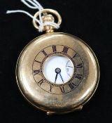 A 20th century 9ct gold half hunter keyless lever pocket watch.