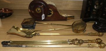 A set of brass fire irons, 2 chestnut roasters and fire bellows