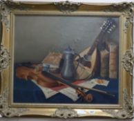 Bailey, oil on canvas, Still life of musical instruments, 49 x 60cm