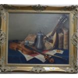 Bailey, oil on canvas, Still life of musical instruments, 49 x 60cm