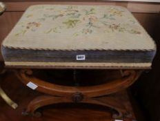 A Victorian X frame stool with tapestry top, W.58cm