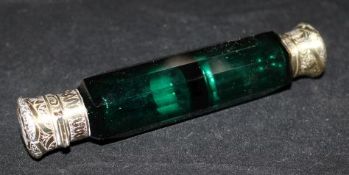 A Sampson Mordan green glass and silver double-ended scent bottle
