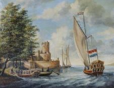 Dutch School, oil on canvas, sailing barge off the coast 25 x 32cm