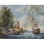 Dutch School, oil on canvas, sailing barge off the coast 25 x 32cm