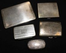 Three silver cigarette cases, a silver oval vesta case and a plated snuff box