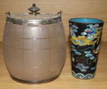 A Chinese famille verte glazed biscuit lantern and a cloisonne enamel beaker