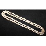 A double strand cultured pearl necklace with 9ct gold , turquoise and split pearl set clasp, 16.