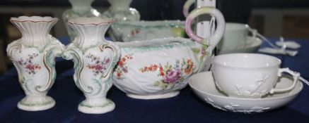 A Derby leaf shaped sauce boat circa 1960, some overpainting, pr Rococo vases c1765, Meissen