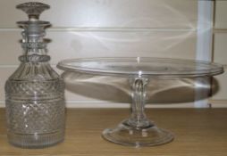 A Regency glass tazza, 15cm high x 31cm diameter and a Regency cut glass decanter, 26cm high