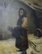 Aristede K..., oil on canvas, Peasant girl carrying faggots of wood, indistinctly signed, 103 x