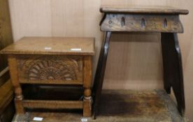 An oak sewing box and an oak stool, H.41cm and 61cm