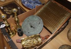 A pair of brass candlesticks, washboard, grater etc