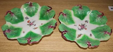 A pair of Chelsea gold anchor period leaf dishes, restored, circa 1765