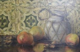 Late Victorian, oil, Still life of apples and a jar 30 x 45cm