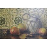 Late Victorian, oil, Still life of apples and a jar 30 x 45cm