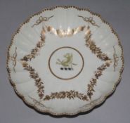 A Worcester gilt swag painted fluted shallow dish, with griffin crest, 8.25in.