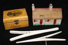 A Willows Art china Langton porcelain model of Robert Burns cottage; a Mauchlineware box and 2