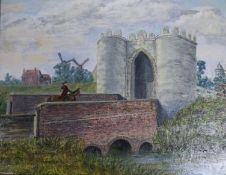 A.W. Lyons, oil on panel, Rider on a castle bridge, 18 x 24cm