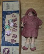 A French bisque headed doll, Pelham puppet and 2 pin dollies