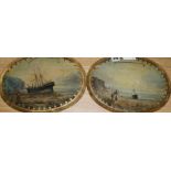 A pair of oval glass paintings of ship wrecks, overall 25 x 33cm, unframed