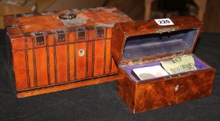 A walnut box of coins and a sycamore and metal bound box