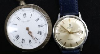 A gentleman's Omega Seamaster automatic wrist watch (lacking winding crown) and a French pocket